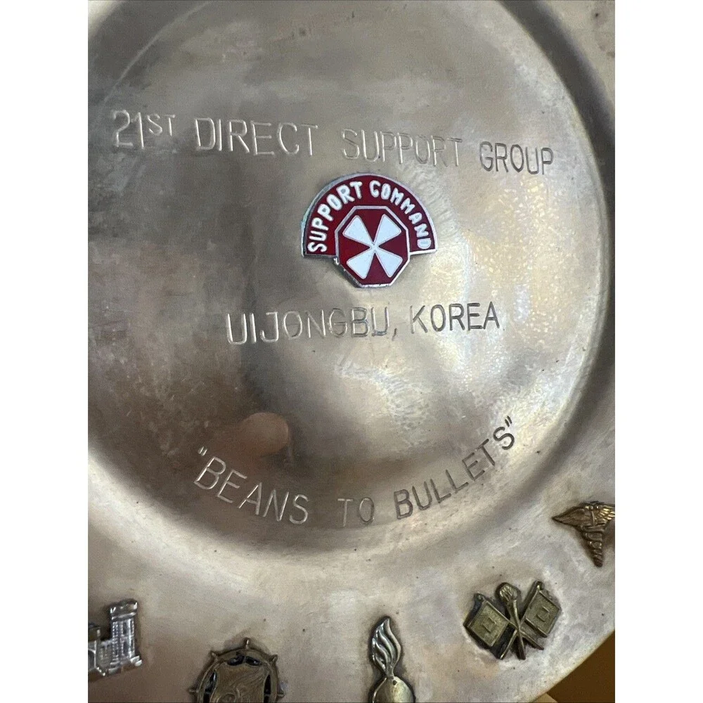 Vintage US Army Military Brass Tray with 7 Emblems- Support Command Korea 8.75